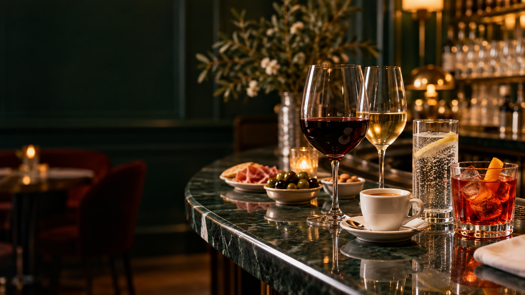 Wine, espresso, sparkling water, and an aperitivo at the bar