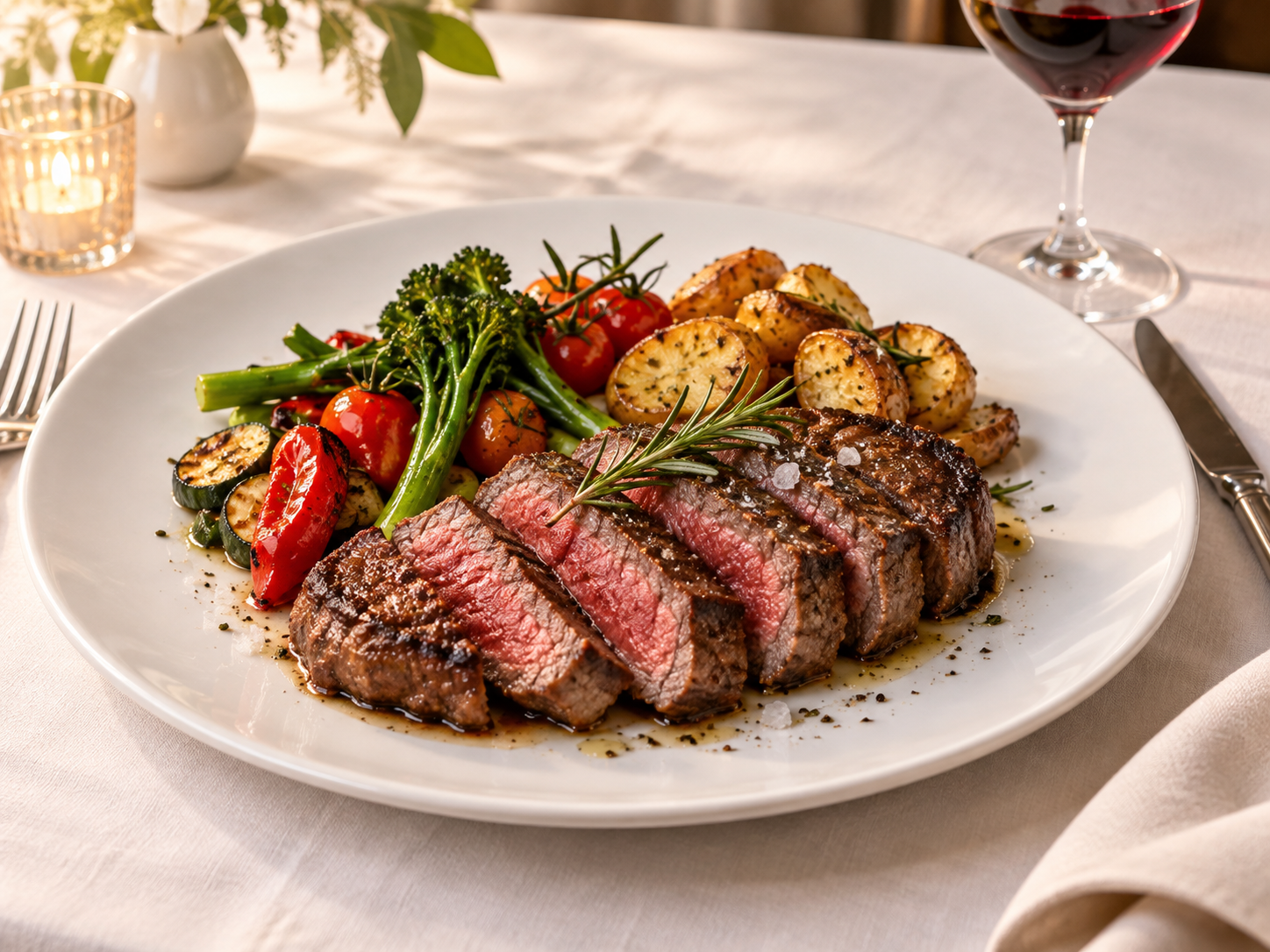 Sliced steak with roasted vegetables